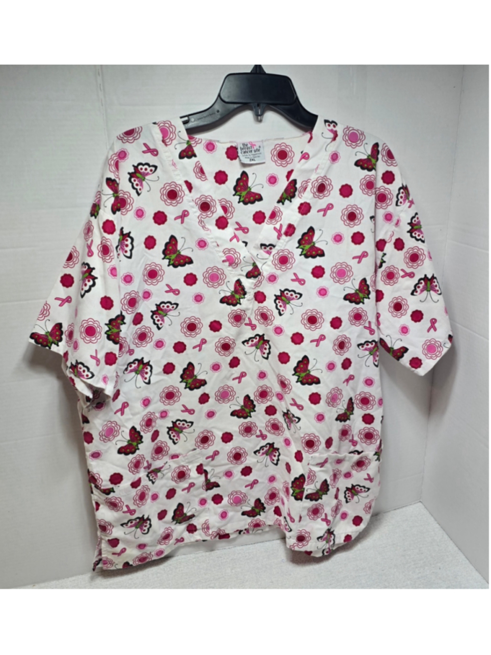 Women's The Breast Cancer Site Scrub Top 2X White Pink Butterfly Print